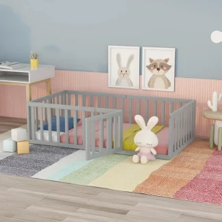 Kumix Twin Floor Bed for Kids with Fence and Door, Wood Floor Bed Frame for Toddler 1-3 Aged, Noise-Free Low Floor Bed for Bedroom, Dorm, No Weight Capacity Limit, Easy Assembly, Gray