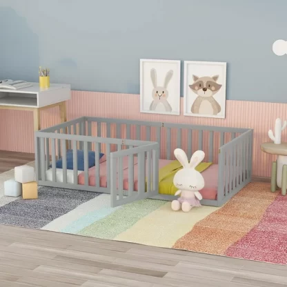 Kumix Twin Floor Bed for Kids with Fence and Door, Wood Floor Bed Frame for Toddler 1-3 Aged, Noise-Free Low Floor Bed for Bedroom, Dorm, No Weight Capacity Limit, Easy Assembly, Gray