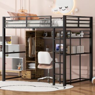 Kumix Loft Bed Full Size, Metal Loft Bed with Built-in Wardrobe, Drawer, Desk and Shelves for Kids Teens Adults, Space-Saving Loft Bed Frame for Bedroom, Noise-Free, Easy Assembly, Black