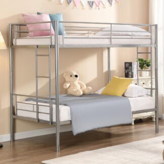 Kumix Bunk Bed Twin over Twin, Metal Bunk Bed with Full-Length Guardrail and Build-in Ladder for Kids Teens Adults, Heavy Duty Bunk Bed Frame for Bedroom, Dorm, Guests' Room, Easy Assembly, Silver