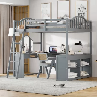 Kumix Loft Bed Full Size, Wood Loft Bed with U-shaped Desk, Storage Compartments and Tri-fold Mirror for Kids Teens Adults, Heavy Duty Loft Bed with Safety Guardrail and Ladder, Noise-Free, Gray