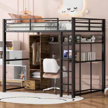 Kumix Loft Bed Full Size, Metal Loft Bed with Built-in Wardrobe, Drawer, Desk and Shelves for Kids Teens Adults, Space-Saving Loft Bed Frame for Bedroom, Noise-Free, Easy Assembly, Black
