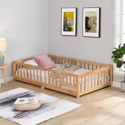 Kumix Floor Bed Queen Size with Fence and Door, Wooden Platform Bed Frame with Wood Slats Support, Queen Floor Bed for Kids Boys/Girls, Toddler Floor Bed Noise-Free, Easy Assembly, Natural