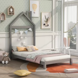 Kumix Wood Platform Bed with House-shaped Headboard and Slats Supports, Twin Size Low Floor Bed for Kids Teens, Heavy Duty Floor Bed Frame for Bedroom, Dorm, Noise-Free, Easy Assembly, Gray