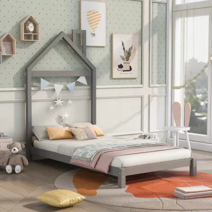 Kumix Wood Platform Bed with House-shaped Headboard and Slats Supports, Twin Size Low Floor Bed for Kids Teens, Heavy Duty Floor Bed Frame for Bedroom, Dorm, Noise-Free, Easy Assembly, Gray