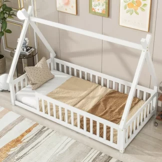 Kumix Floor Bed with Fence Guardrails, Twin Tent-shaped Floor Bed for Kids Boys/Girls, Wood Floor Bed Frame for Toddler 1-3, Low Floor Bed Slat Support, Easy Assembly, Noise-Free, White
