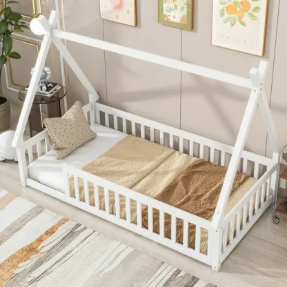 Kumix Floor Bed with Fence Guardrails, Twin Tent-shaped Floor Bed for Kids Boys/Girls, Wood Floor Bed Frame for Toddler 1-3, Low Floor Bed Slat Support, Easy Assembly, Noise-Free, White