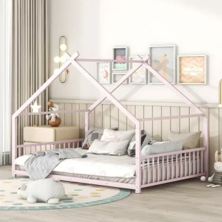 Kumix House Floor Bed, Metal Full Size Floor Bed with Roof Frame, Headboard, Footboard and 13 Slats Support for Kids Young Teens, Heavy Duty Floor Beds Frame for Bedroom, Noise-Free, Pink