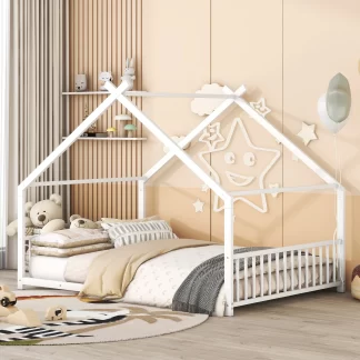 Kumix House Floor Bed, Metal Full Size Floor Bed with Roof Frame, Headboard, Footboard and 13 Slats Support for Kids Young Teens, Heavy Duty Floor Beds Frame for Bedroom, Noise-Free, White