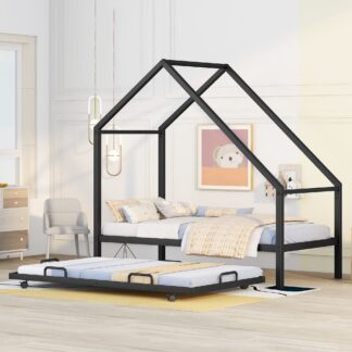 Kumix Floor Bed with Trundle, Metal Twin Size House Bed with 12 Slats Support for Kids Teens Guests, Heavy Duty Platform Bed for Bedroom, Dorm, No Box Spring Needed, Noise-Free, Black
