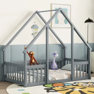 Kumix House-Shaped Floor Bed with Fence Guardrails and Roof, Twin Size Floor Bed Frame for Kids Boys & Girls, Wooden Playhouse Bed Frame, Twin Toddler Floor Bed Montessori House Bed Frame, Gray