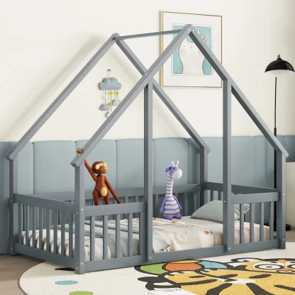 Kumix House-Shaped Floor Bed with Fence Guardrails and Roof, Twin Size Floor Bed Frame for Kids Boys & Girls, Wooden Playhouse Bed Frame, Twin Toddler Floor Bed Montessori House Bed Frame, Gray