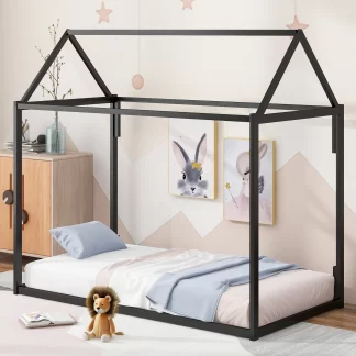 Kumix Floor Bed with a Roof Frame and Slats Support, Metal Twin Size House Shape Platform Bed for Kids Boys Girls, Toddler Floor Beds for Bedroom, Twin Beds Low Profile, Noise-Free, Black