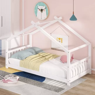 Kumix House Floor Bed with Roof Frame and Slats Support, Twin Kids Floor Bed with Headboard and Footboard for Boys and Girls, Heavy Duty Floor Bed Frame for Bedroom, Dorm, Noise-Free, White