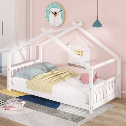 Kumix House Floor Bed with Roof Frame and Slats Support, Twin Kids Floor Bed with Headboard and Footboard for Boys and Girls, Heavy Duty Floor Bed Frame for Bedroom, Dorm, Noise-Free, White