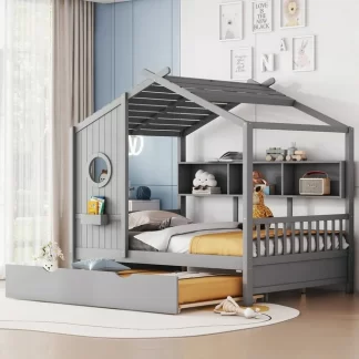 Kumix Platform Bed with Trundle, Wooden Full Size Platform Bed Modern Design for Kids with Storage Shelf, House Roof and Window with Storage Box, No Box Spring Needed, Easy Assembly, Gray