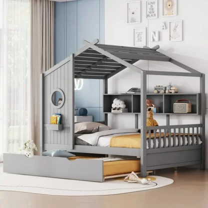 Kumix Platform Bed with Trundle, Wooden Full Size Platform Bed Modern Design for Kids with Storage Shelf, House Roof and Window with Storage Box, No Box Spring Needed, Easy Assembly, Gray