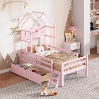 Kumix Platform Bed with Drawer, Wood Twin Size House Bed with Guardrail and Slats Support and Ladder for Kids Boys/Girls, Wooden House Bed Frame for Bedroom, No Box Spring Needed, Pink
