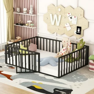 Kumix Floor Bed Full Size, Metal Floor Bed with Fence and Door for Kids 1-3, Toddler Floor Bed with Safety Guardrail for Bedroom, Playroom, No Box Spring Needed, Easy Assembly, Black