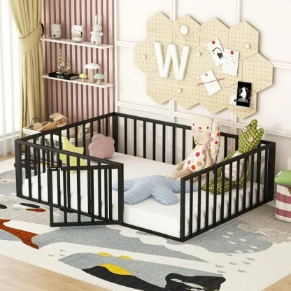 Kumix Floor Bed Full Size, Metal Floor Bed with Fence and Door for Kids 1-3, Toddler Floor Bed with Safety Guardrail for Bedroom, Playroom, No Box Spring Needed, Easy Assembly, Black