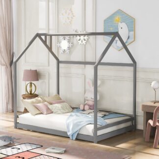 Kumix House Floor Bed, Wooden Full Size Floor Bed with Roof Frame for Kids Teens Boys and Girls, No Weight Capacity Limit, Heavy Duty Floor Bed for Bedroom, Dorm, No Box Spring Needed, Gray