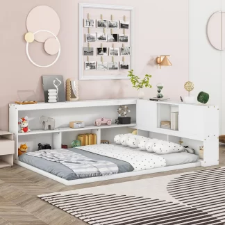 Kumix Floor Bed with L-shaped Bookcases, Sliding Doors, without Slats, Full Size Toddler Floor Bed for Kids Toddlers Aged 1-3, Wooden Floor Beds for Bedroom, No Weight Capacity Limit, White
