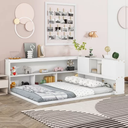 Kumix Floor Bed with L-shaped Bookcases, Sliding Doors, without Slats, Full Size Toddler Floor Bed for Kids Toddlers Aged 1-3, Wooden Floor Beds for Bedroom, No Weight Capacity Limit, White