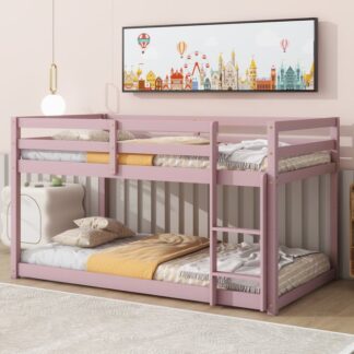 Kumix Bunk Bed with Full Length Guardrail and Build-in Ladder, Wood Low Bunk Bed Twin over Twin with Slats Support, Heavy Duty Bunk Bed Frame for Kids Teens Adults, Noise-Free, Pink