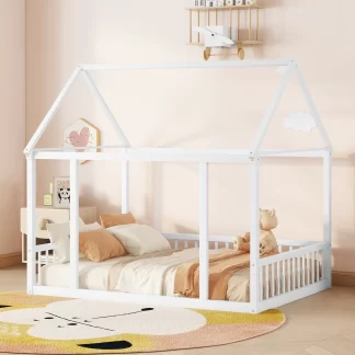 Kumix Toddler Floor Bed with House Roof Frame and Fence Guardrails, without Slats, Wood Full Floor Bed Frame for Kids Toddler, Boys & Girls, House Floor Beds Full Size, Easy Assembly, White