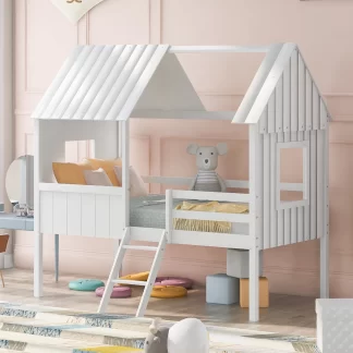Kumix Loft Bed Twin Size for Kids, Wood House Bed with Two Side Windows Full Length Guardrail and Ladder for Boys/Girls, Low Loft Bed Frame for Bedroom, Spacious Under Bed Space, Noise-Free, White