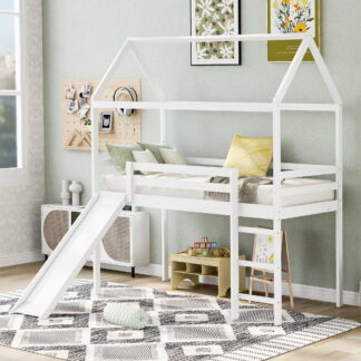 Kumix Loft Bed with Slide for Kids, Wooden Twin House Loft Bed with 14 Slats Supports and Roof Frame, Guardrail and Ladder for Boys & Girls, Kids Loft Bed with Under Bed Storage, Noise-Free, White