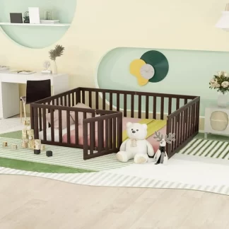Kumix Full Floor Bed for Kids with Fence and Door, Wood Floor Bed Frame for Toddler 1-3 Aged, Noise-Free Low Floor Bed for Bedroom, Dorm, No Weight Capacity Limit, Easy Assembly, Walnut
