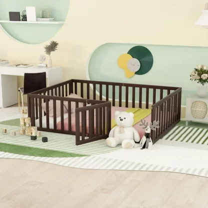 Kumix Full Floor Bed for Kids with Fence and Door, Wood Floor Bed Frame for Toddler 1-3 Aged, Noise-Free Low Floor Bed for Bedroom, Dorm, No Weight Capacity Limit, Easy Assembly, Walnut