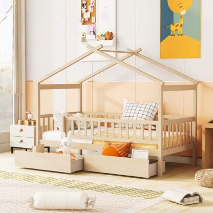 Kumix Wooden House Bed with a Roof Frame and Two Drawers, Twin Size Platform Bed with Slats Support and Fence Guardrail for Kids Teens Boys/Girls, No Box Spring Needed, Noise-Free, Natural