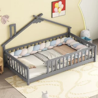 Kumix Toddler Floor Bed with House-Shaped Bedside, Fence Guardrails, Slats, without Door, Wooden Twin House Floor Bed for Kids Boys/Girls, No Box Spring Needed, Noise-Free, Easy Assembly, Gray