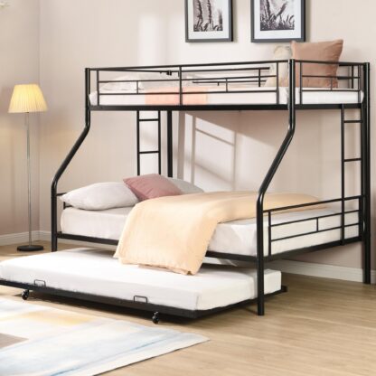 Kumix Bunk Beds with Trundle, Metal Twin over Full Bunk Bed with Full-Length Guardrail and Build-in Ladder for Kids Teens Adults, Noise-Free Bunk Bed Frame for Bedroom, Easy Assembly, Black