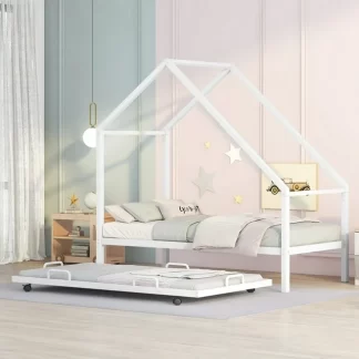 Kumix Floor Bed with Trundle, Metal Twin Size House Bed with 12 Slats Support for Kids Teens Guests, Heavy Duty Platform Bed for Bedroom, Dorm, No Box Spring Needed, Noise-Free, White