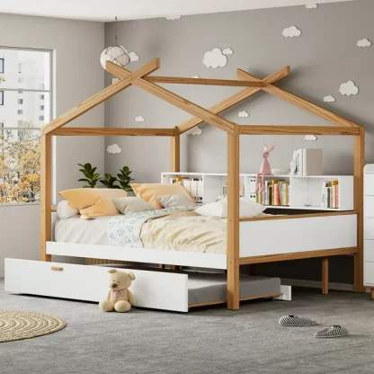 Kumix House Bed with Trundle and Bookshelf Storage Space, Wooden Twin Size Platform Bed for Kids Teens Adults, Heavy Duty House Bed for Children or Guest Room, Noise-Free, White+Natural