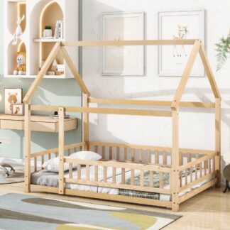 Kumix Floor Bed with House Roof Frame, Fence Guardrails, Wooden Full Size Floor Bed without Slats, Toddler Floor Bed Frame for Kids Boys/Girls, Full Floor Beds Noise-Free, Easy Assembly, Natural