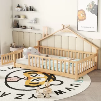 Kumix Wooden Floor Bed with House-Shaped Frame, Fence Guardrails, Slats Support, Door, Twin Toddler Floor Bed for Kids Boys/Girls, No Box Spring Needed, Noise-Free, Easy Assembly, Natural