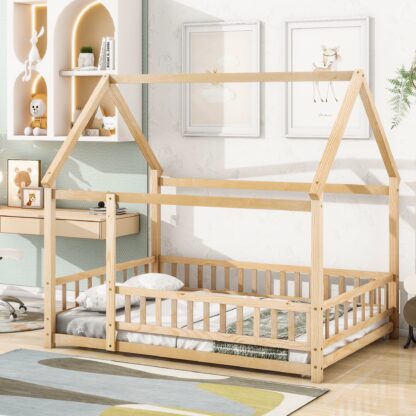 Kumix Floor Bed with House Roof Frame, Fence Guardrails, Wooden Full Size Floor Bed without Slats, Toddler Floor Bed Frame for Kids Boys/Girls, Full Floor Beds Noise-Free, Easy Assembly, Natural