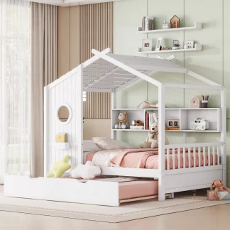 Kumix Platform Bed with Trundle, Wooden Full Size Platform Bed Modern Design for Kids with Storage Shelf, House Roof and Window with Storage Box, No Box Spring Needed, Easy Assembly, White