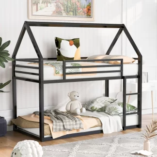 Kumix Bunk Bed with Roof, Built-in Ladder, Metal House Bunk Bed Twin over Twin for Kids Teens Adults, Heavy Duty House Bunk Bed for Bedroom, Dorm, No Box Spring Needed, Noise-Free, Black