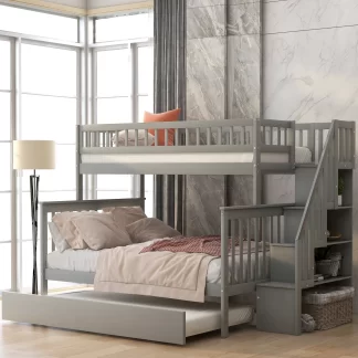 Kumix Bunk Bed with Trundle and Staircase, Wooden Bunk Bed Twin over Full with Full-Length Guardrail and Ladder for Kids Teens Adults, Noise-Free Bunk Bed for Bedroom, Easy Assembly, Gray