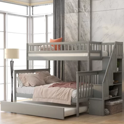 Kumix Bunk Bed with Trundle and Staircase, Wooden Bunk Bed Twin over Full with Full-Length Guardrail and Ladder for Kids Teens Adults, Noise-Free Bunk Bed for Bedroom, Easy Assembly, Gray