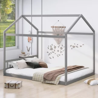 Kumix Floor Bed with Roof Frame, Wooden Queen Size House Floor Bed with Headboard for Kids Young Teens Boys and Girls, Heavy Duty House Floor Bed for Bedroom, Dorm, Noise-Free, Gray