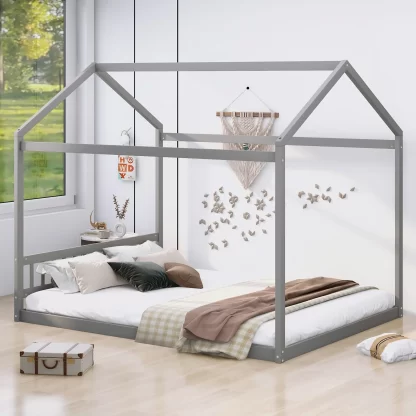 Kumix Floor Bed with Roof Frame, Wooden Queen Size House Floor Bed with Headboard for Kids Young Teens Boys and Girls, Heavy Duty House Floor Bed for Bedroom, Dorm, Noise-Free, Gray
