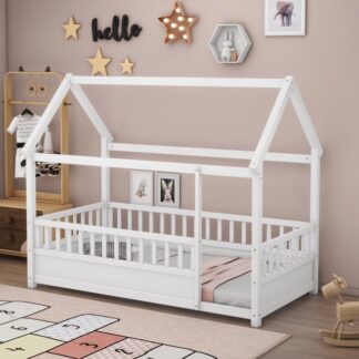 Kumix Twin Size Floor Bed with House Roof Frame, Fence Guardrails for Kids Boys/Girls, Wood Floor Bed for Toddler 1-3 Aged, No Limit Weight Capacity, Noise-Free, Easy Assembly, White