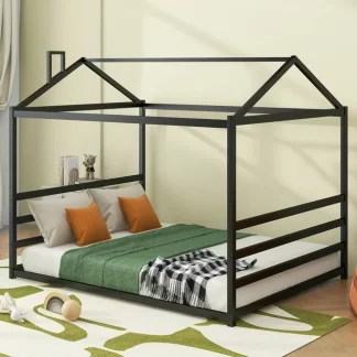 Kumix House Floor Bed with a Roof Style, without Slats, Queen Size Metal Platform Bed Frame for Kids Toddlers Boys/Girls, Queen Floor Bed for Bedroom, No Box Spring Needed, Easy Assembly, Black