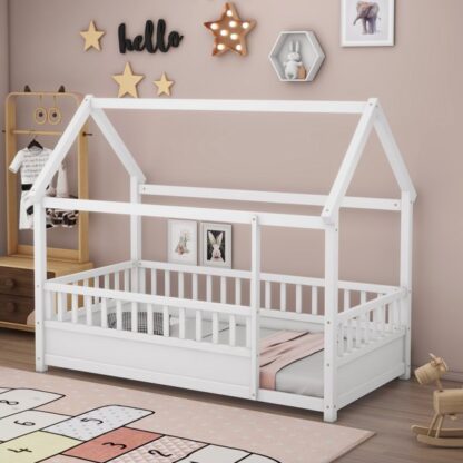 Kumix Twin Size Floor Bed with House Roof Frame, Fence Guardrails for Kids Boys/Girls, Wood Floor Bed for Toddler 1-3 Aged, No Limit Weight Capacity, Noise-Free, Easy Assembly, White